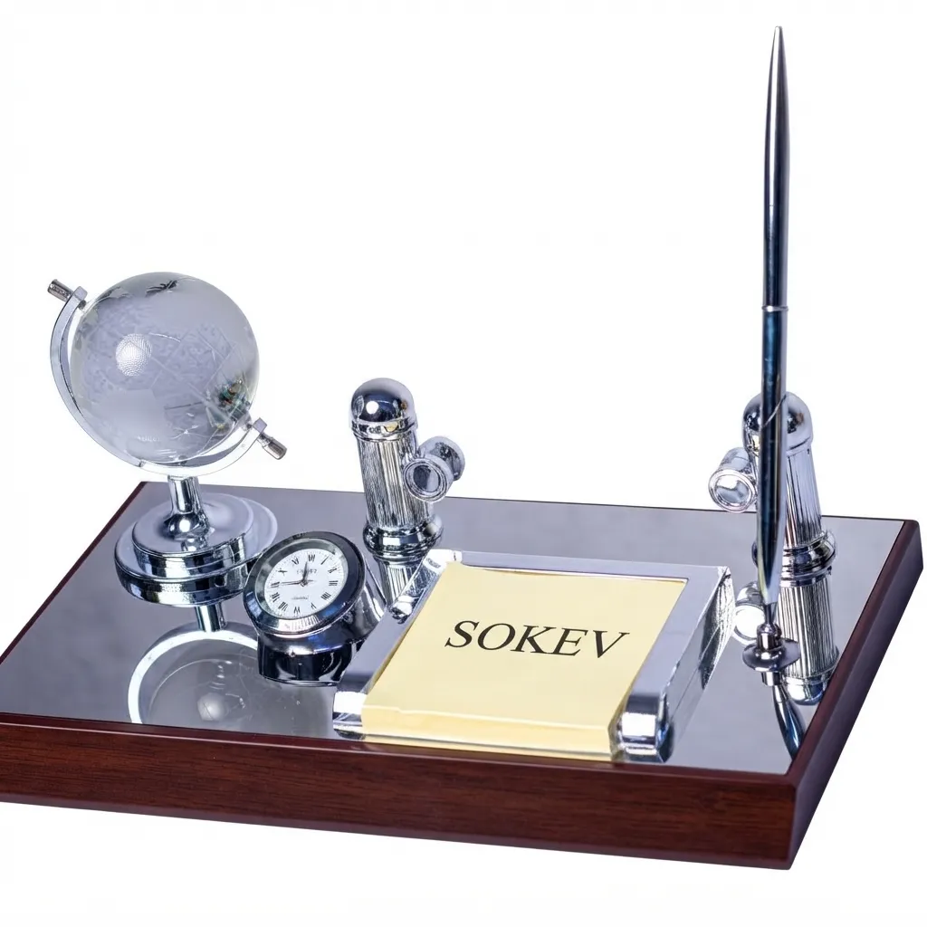 Silver Globe Desk Organizer Set with Clock & Pen Holder