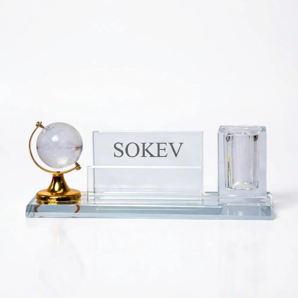 Executive Glass Desk Organizer with Globe and Card Holder